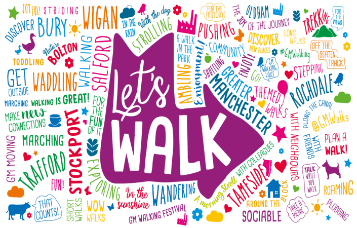 GM Walking Let's Walk promoting walking and ways to walk across Greater Manchester