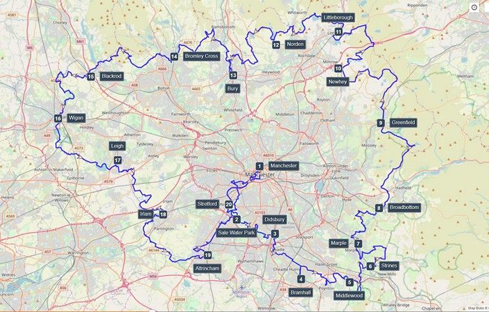 This map shows the complete route of the GM Ringway, with its 20 stages starting and finishing at public transport stops across Greater Manchester.